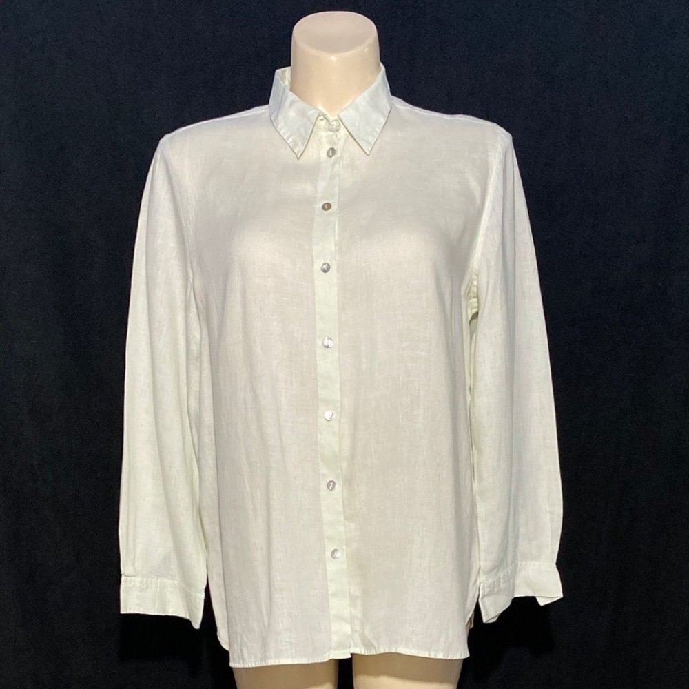 J Jill‎ L Button Down Shirt Light Sage Green Long Sl U Hem Unique 100% LInen
